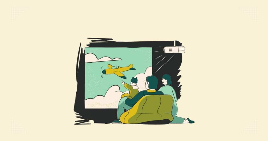 家族で英語を大画面で見ている絵