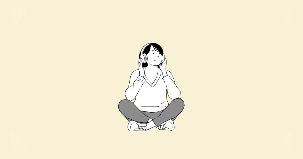 女性が座って、ヘッドホンで音楽を聴いている絵