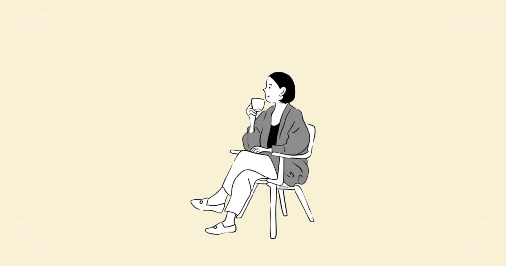 女性が椅子に座って、くつろいでコーヒーを飲んでいる絵