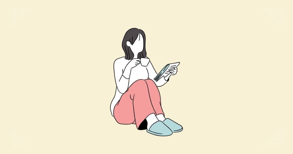 女性がコーヒーを飲みながら新聞を読んでいるイラスト